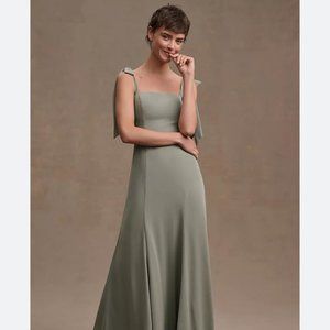 BHLDN Clara Shoulder-Tie Square-Neck Georgette Gown moss green